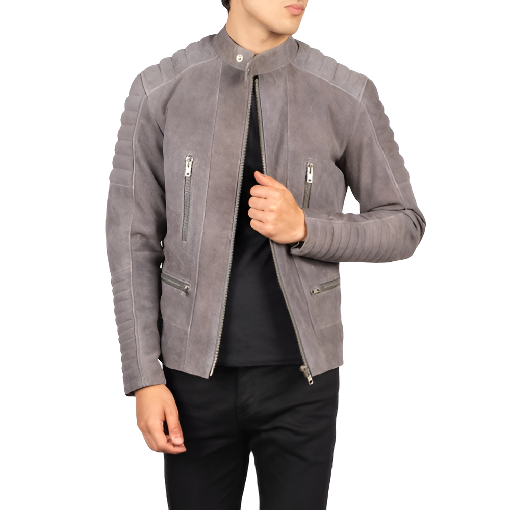 Men's Grey Suede Moto Jacket