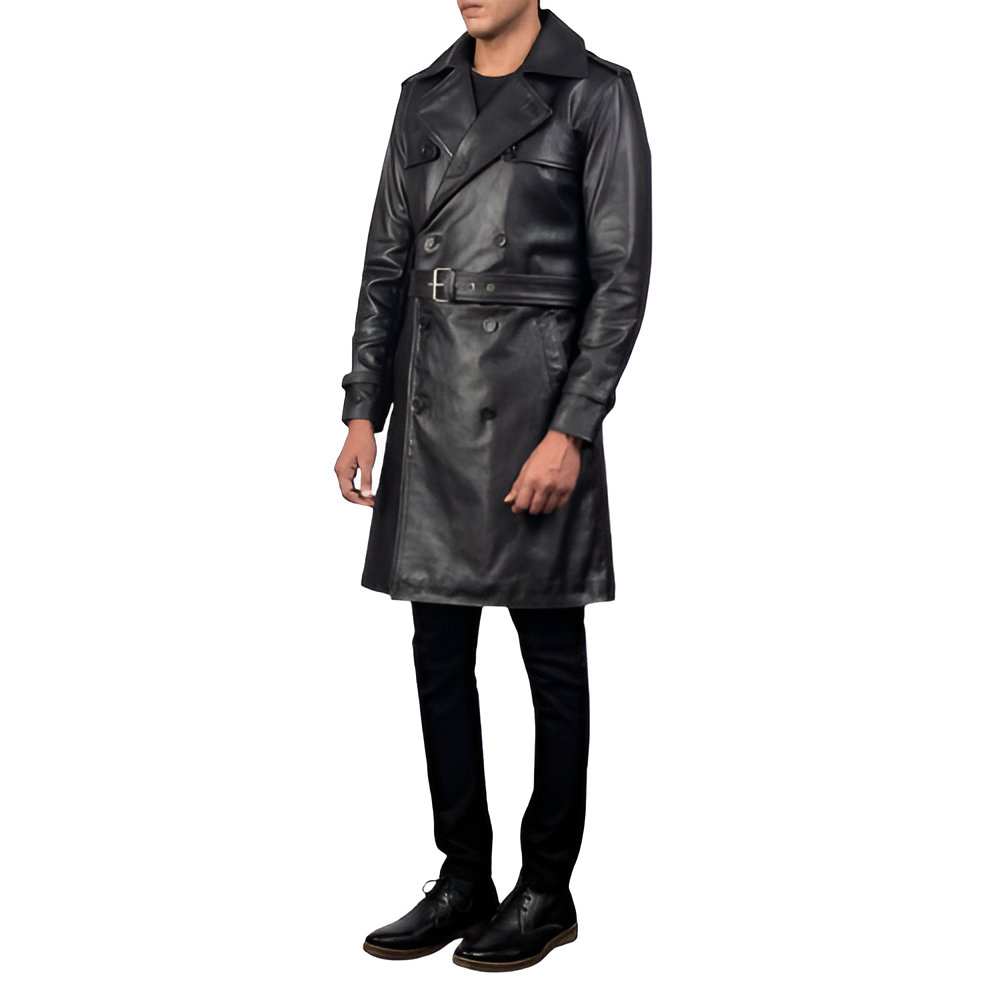 Men's Black Leather Trench Coat