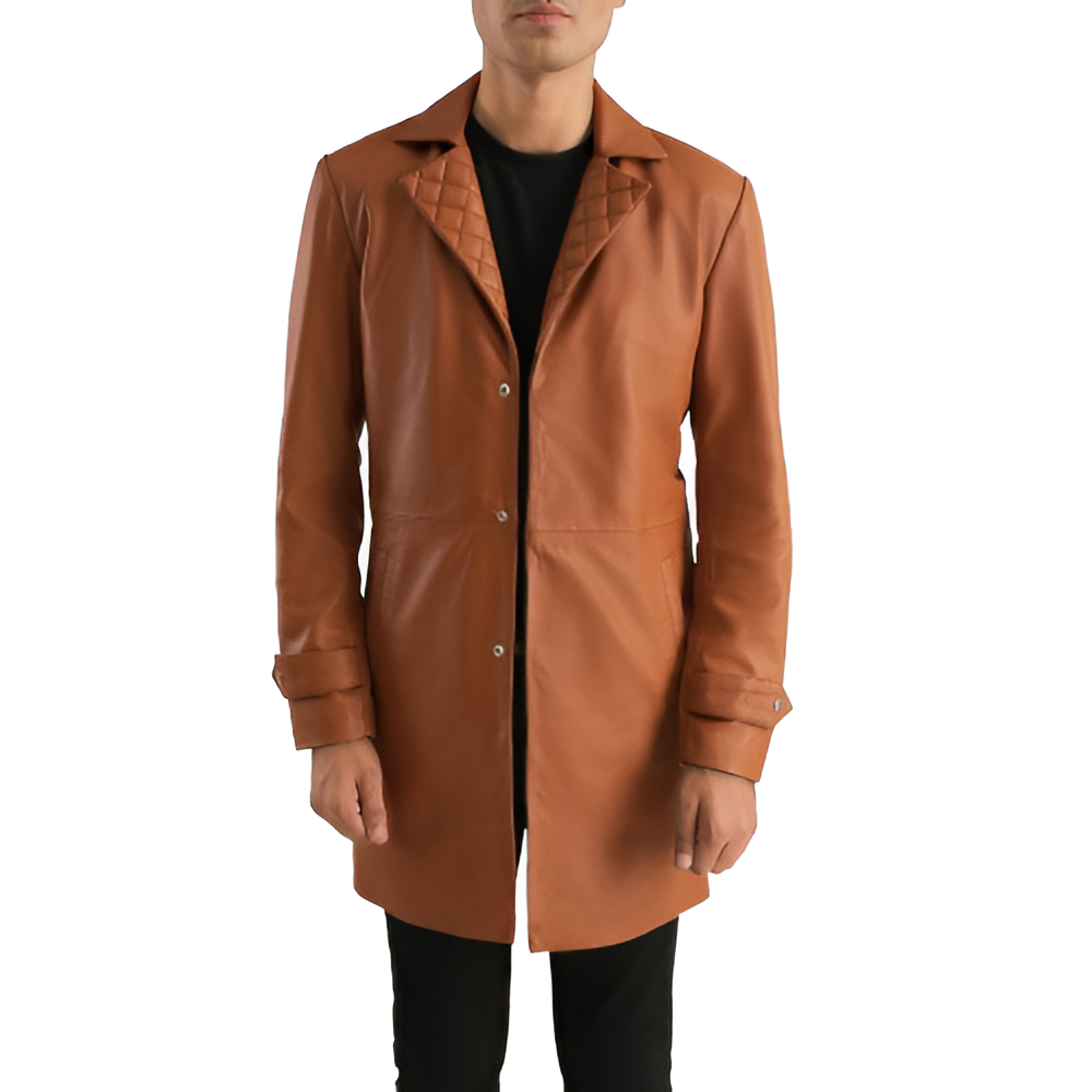 Men's Camel Quilted Leather Overcoat