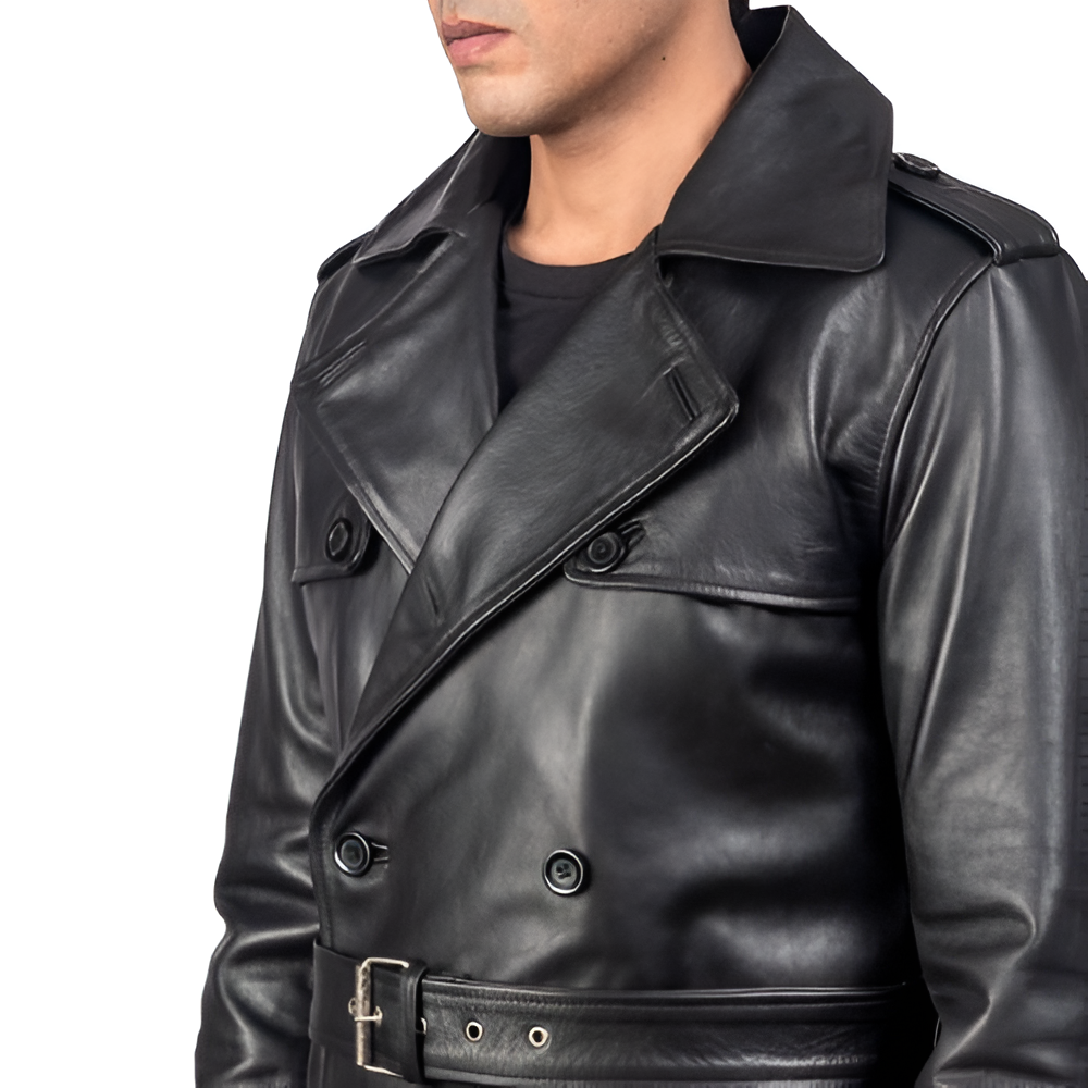 Men's Black Leather Trench Coat