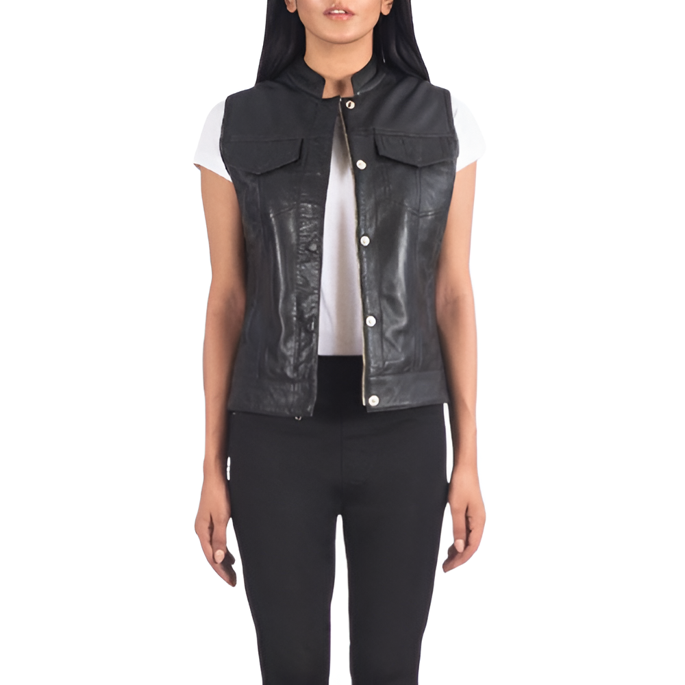 Women's Black Leather Snap Vest