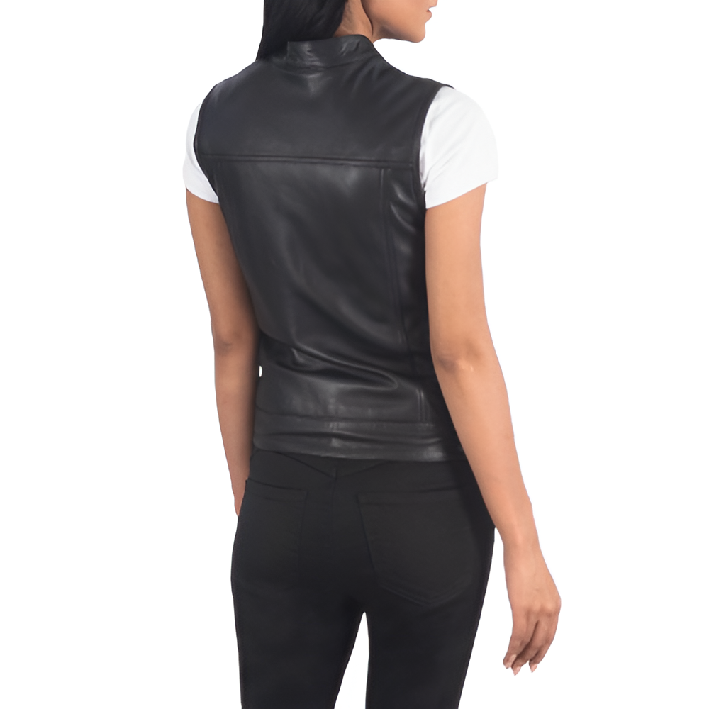 Women's Black Leather Snap Vest