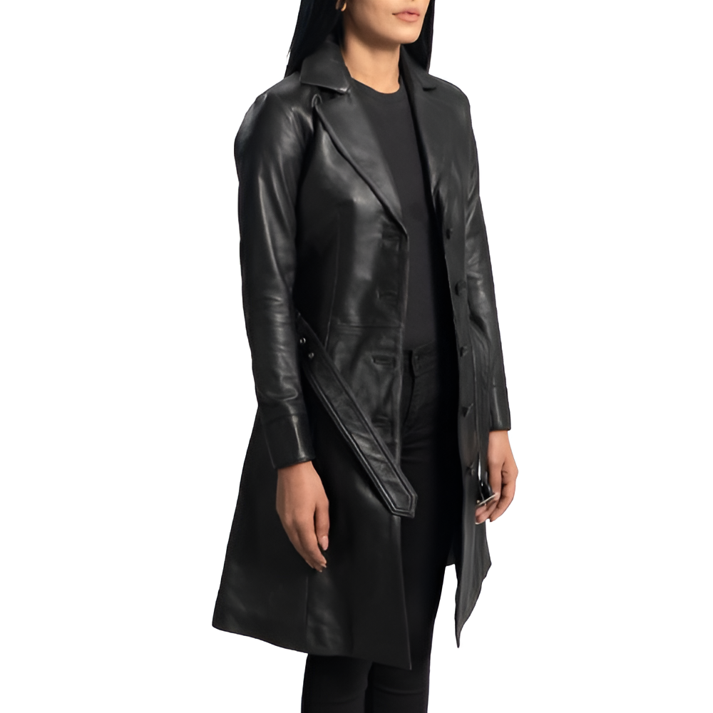 Women's Sleek Black Leather Trench Coat