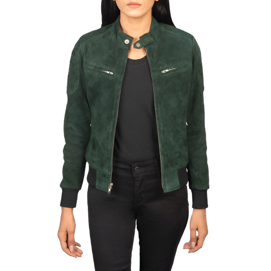 Women's Dark Green Suede Jacket with Stand Collar