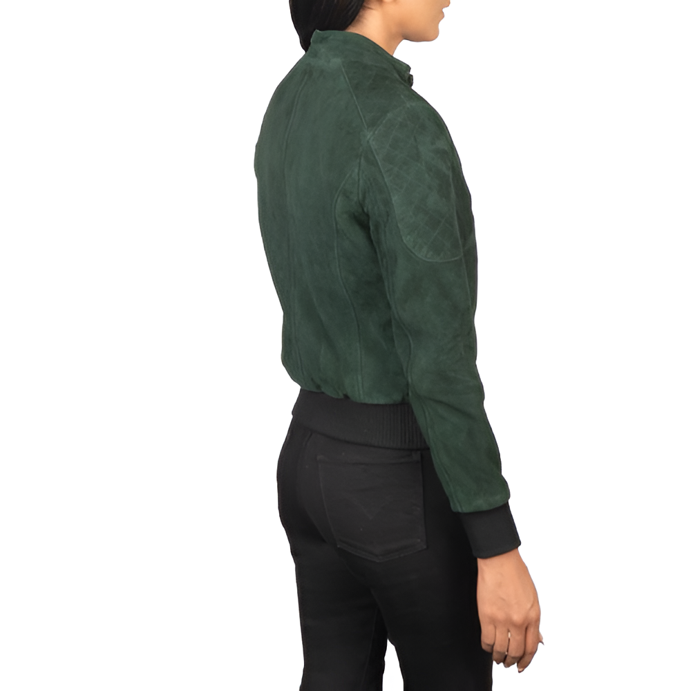 Women's Dark Green Suede Jacket with Stand Collar