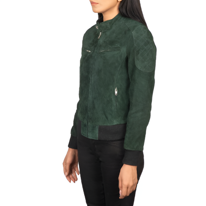 Women's Dark Green Suede Jacket with Stand Collar