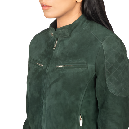 Women's Dark Green Suede Jacket with Stand Collar