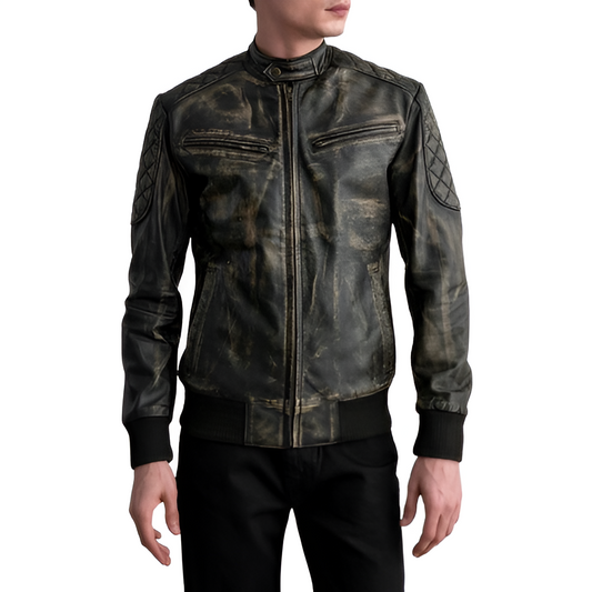 Distressed Leather Bomber Jacket