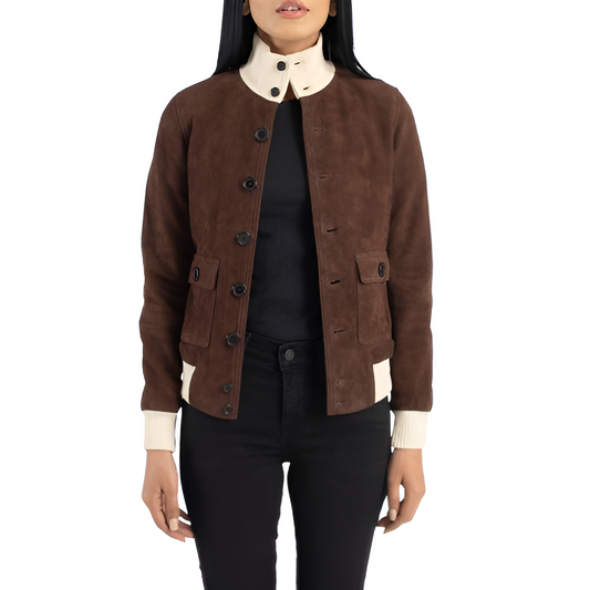 Women's Brown Suede Button-Up Jacket with Contrast Collar