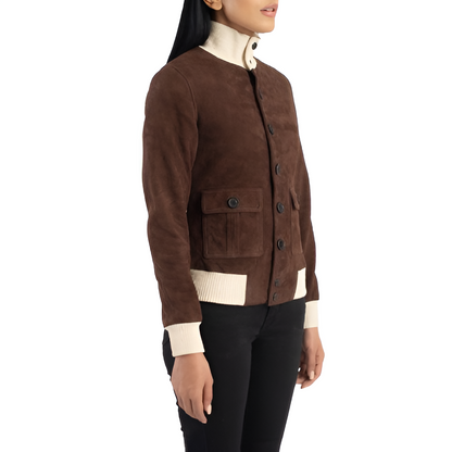 Women's Brown Suede Button-Up Jacket with Contrast Collar