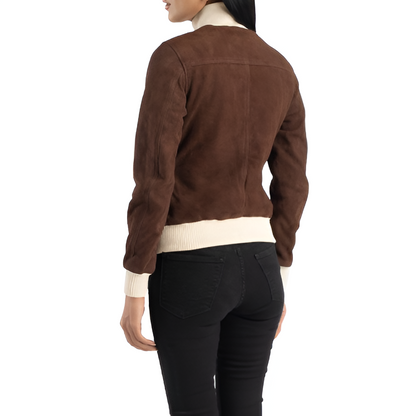 Women's Brown Suede Button-Up Jacket with Contrast Collar