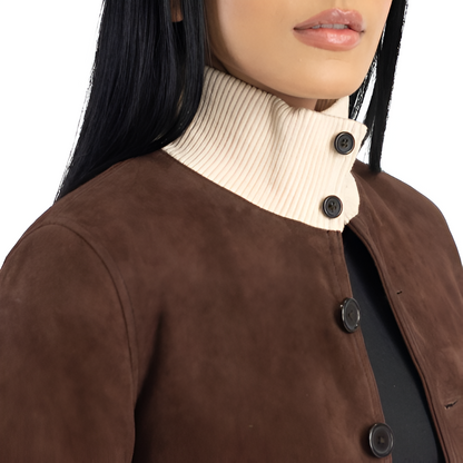 Women's Brown Suede Button-Up Jacket with Contrast Collar