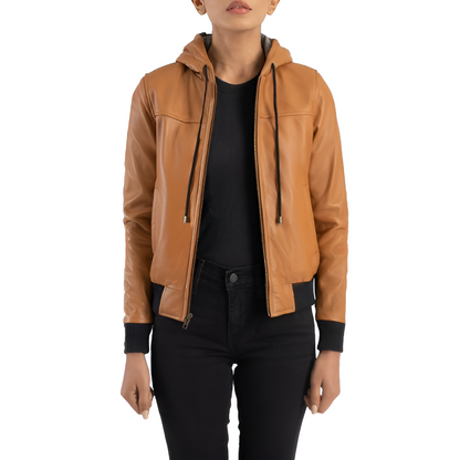 Women's Tan Leather Hooded Jacket