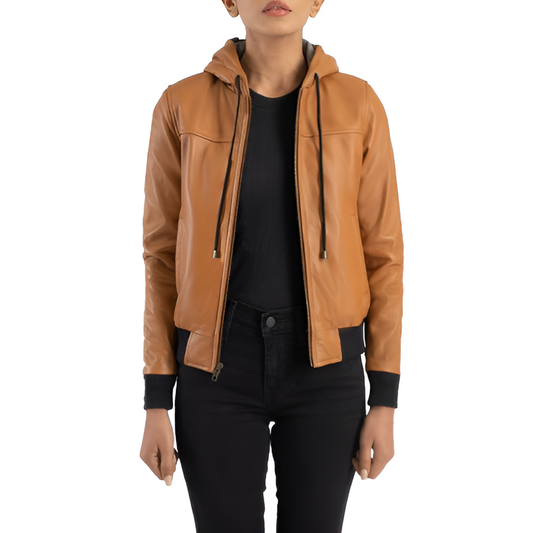 Women's Tan Leather Hooded Jacket