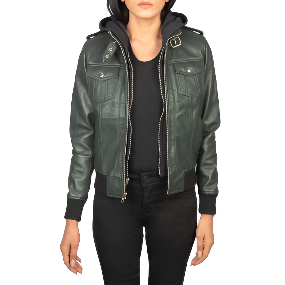 Women's Dark Green Hooded Leather Jacket with Utility Pockets