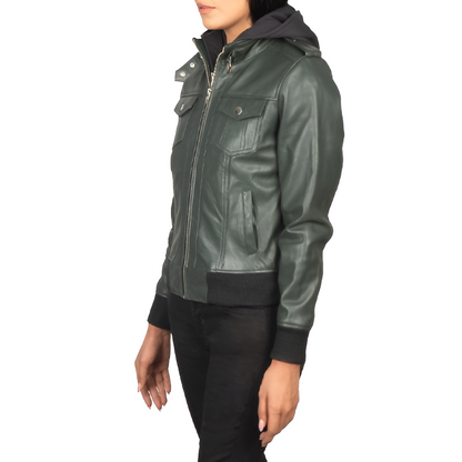 Women's Dark Green Hooded Leather Jacket with Utility Pockets