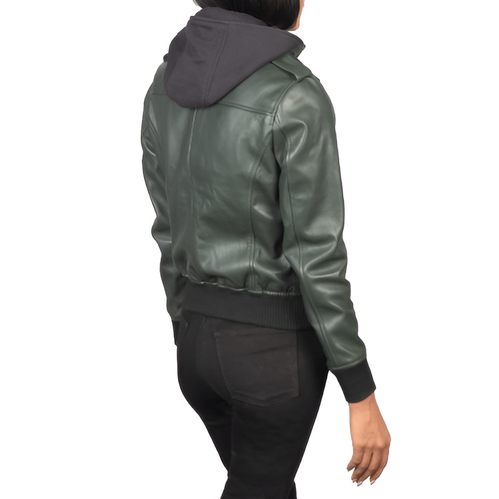 Women's Dark Green Hooded Leather Jacket with Utility Pockets