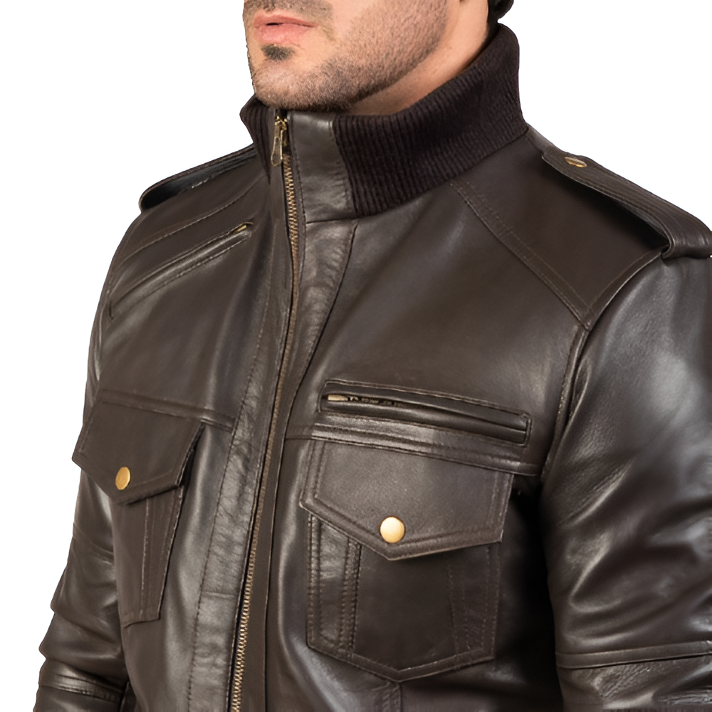 Agent Shadow Brown Leather Bomber Jacket