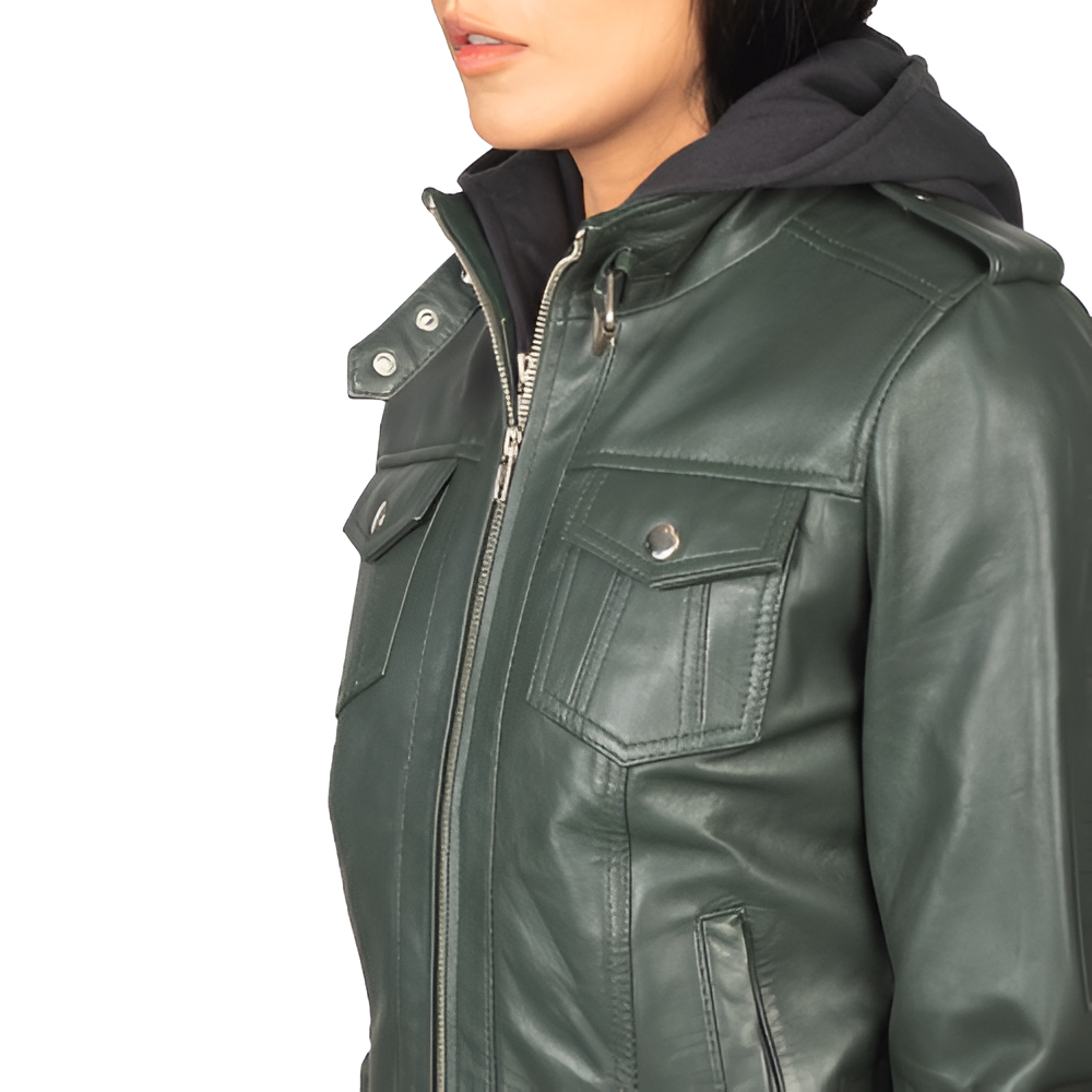 Women's Dark Green Hooded Leather Jacket with Utility Pockets