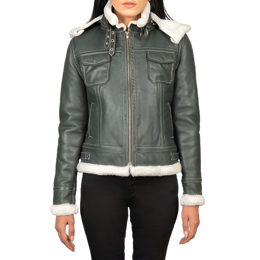 Women's Green Shearling-Lined Leather Jacket