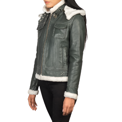 Women's Green Shearling-Lined Leather Jacket