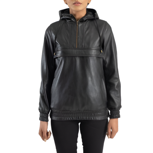 Women's Black Leather Pullover Hoodie