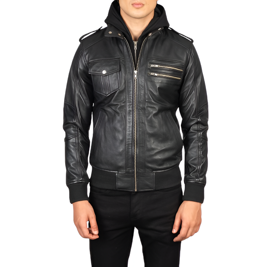 Men's Black Leather Bomber Jacket