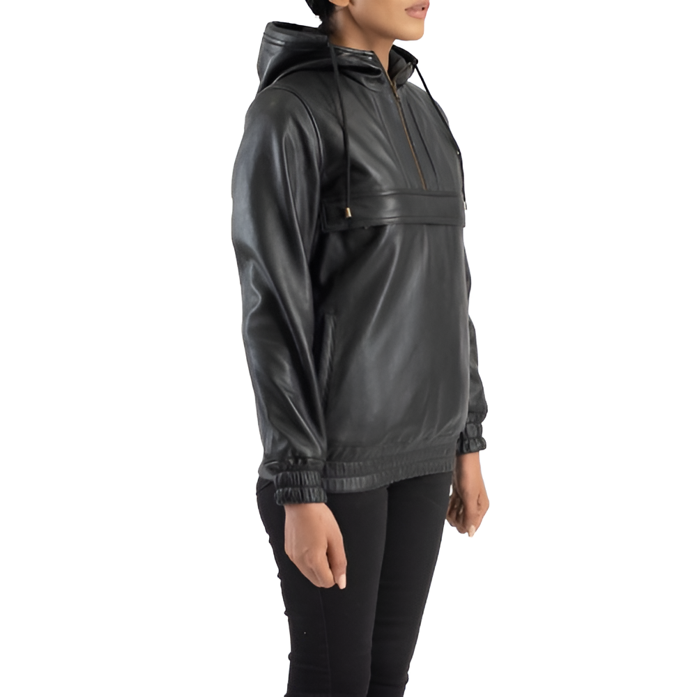 Women's Black Leather Pullover Hoodie