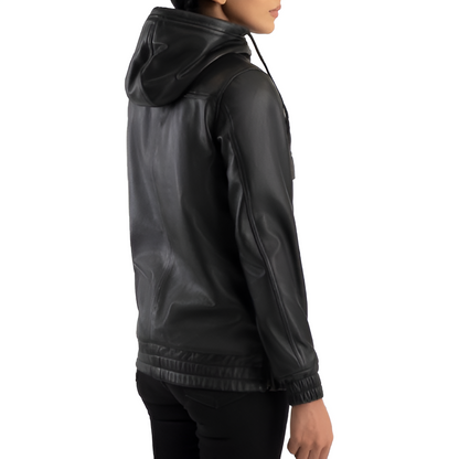 Women's Black Leather Pullover Hoodie