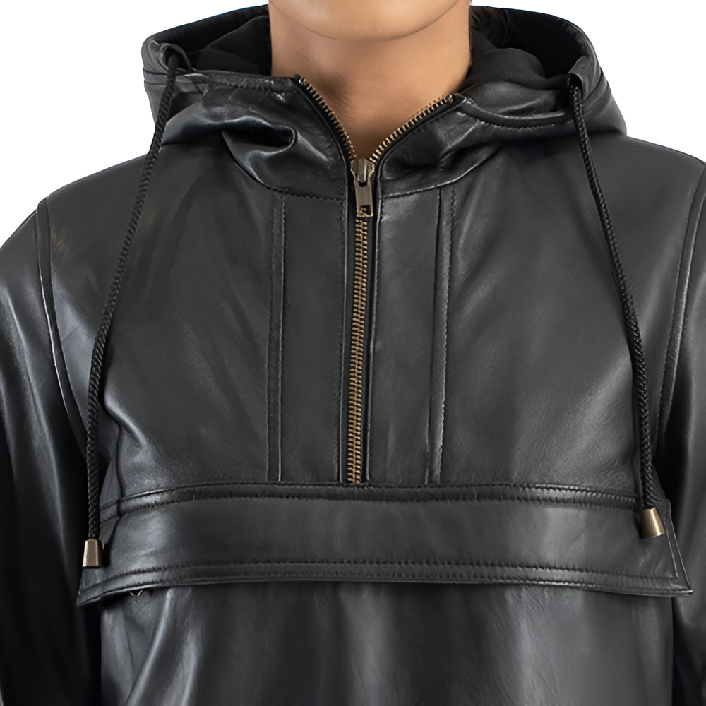 Women's Black Leather Pullover Hoodie