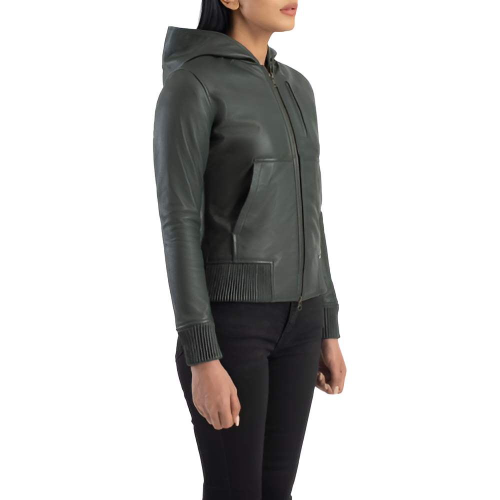 Women's Olive Green Leather Hoodie Jacket