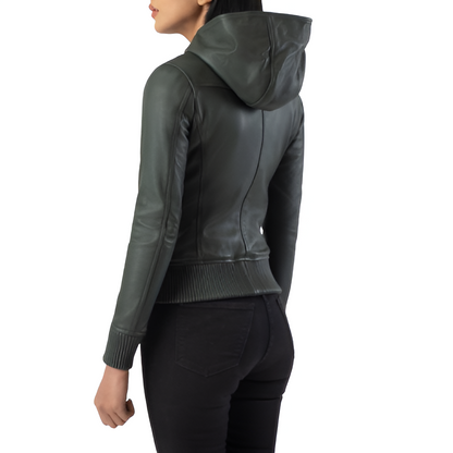 Women's Olive Green Leather Hoodie Jacket