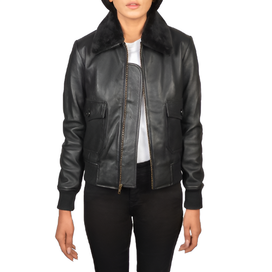 Women's Black Leather Jacket with Faux Fur Collar