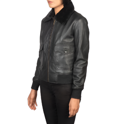 Women's Black Leather Jacket with Faux Fur Collar