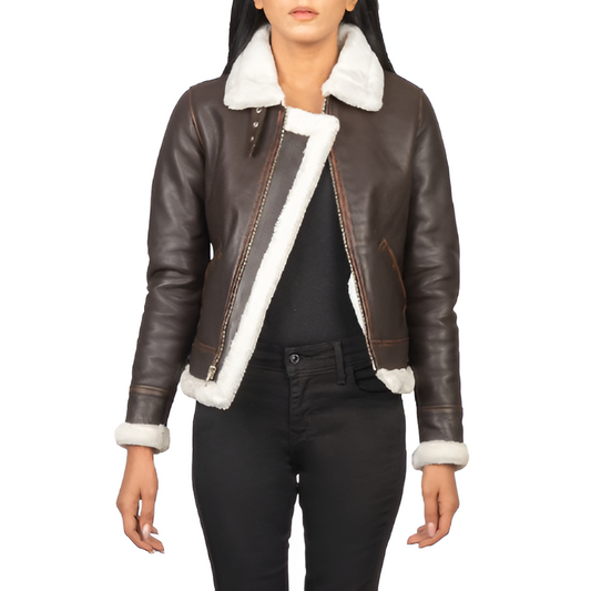 Women's Brown Leather Jacket with White Shearling Lining