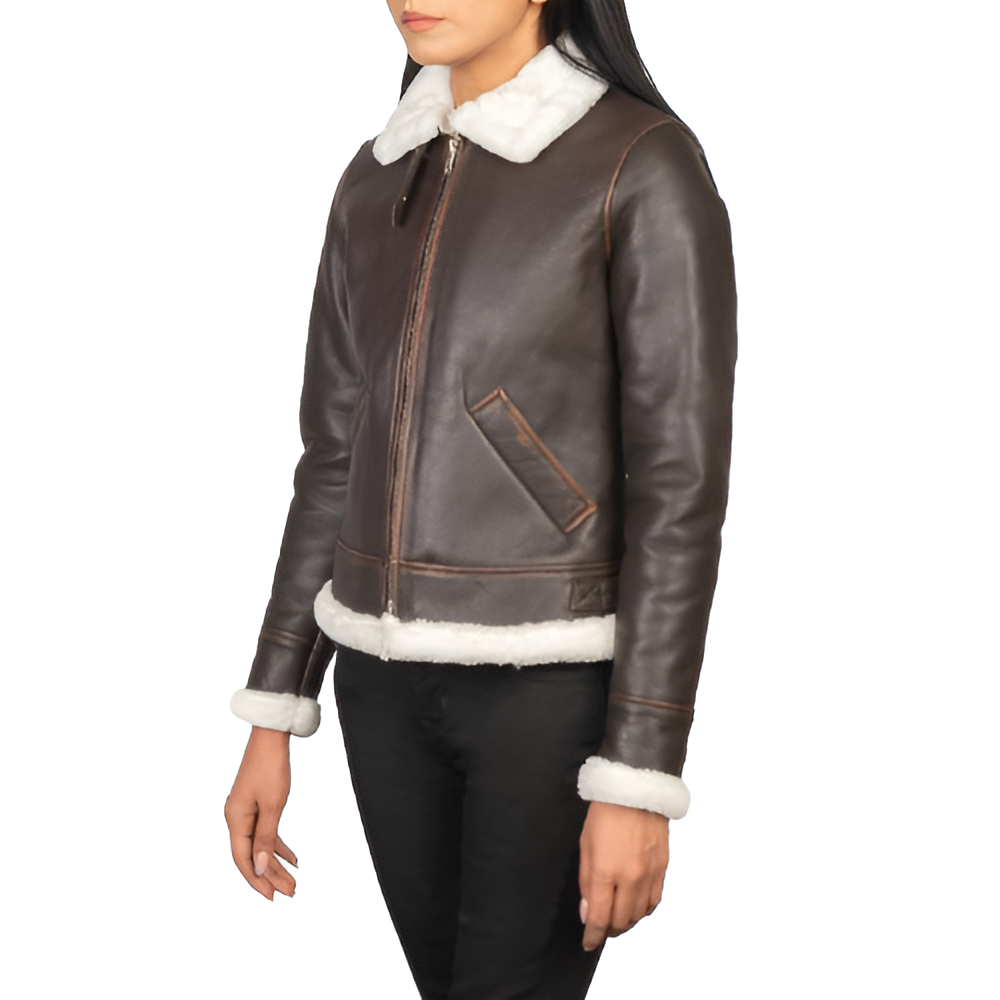 Women's Brown Leather Jacket with White Shearling Lining