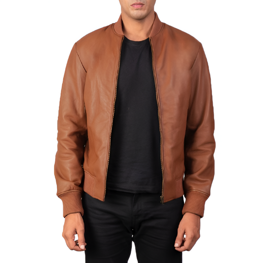 Brown Leather Bomber Jacket