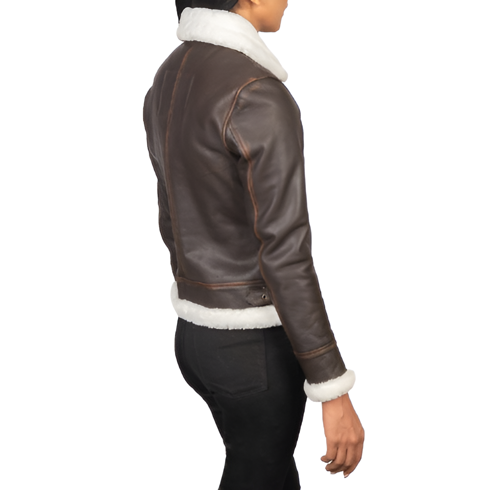 Women's Brown Leather Jacket with White Shearling Lining