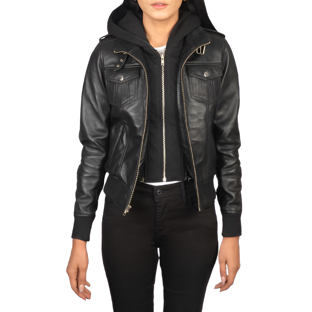 Women's Black Leather Jacket with Hood and Multiple Pockets