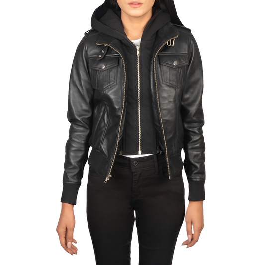 Women's Black Leather Jacket with Hood and Multiple Pockets