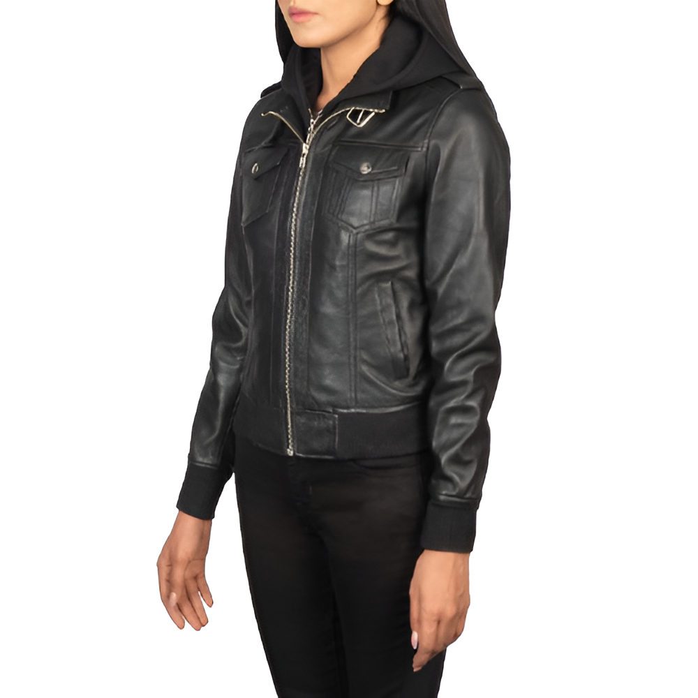 Women's Black Leather Jacket with Hood and Multiple Pockets