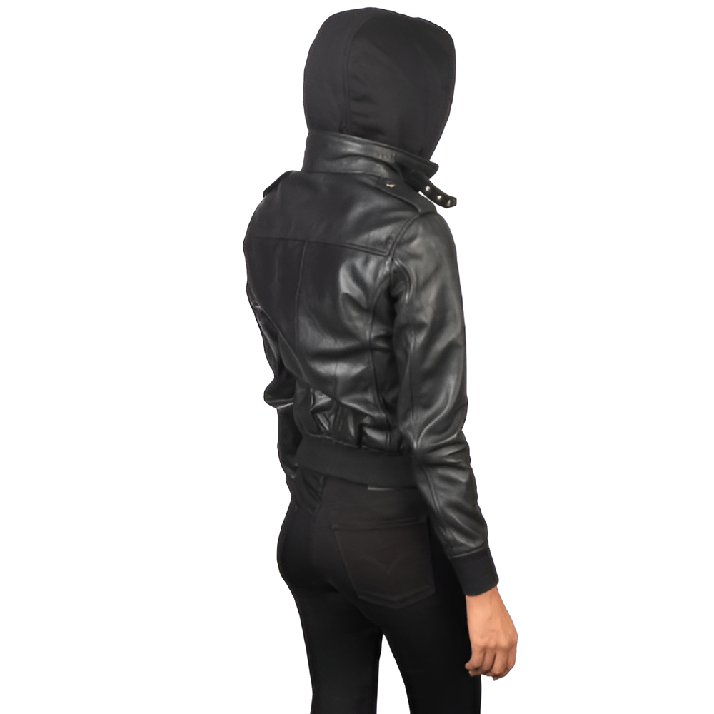 Women's Black Leather Jacket with Hood and Multiple Pockets