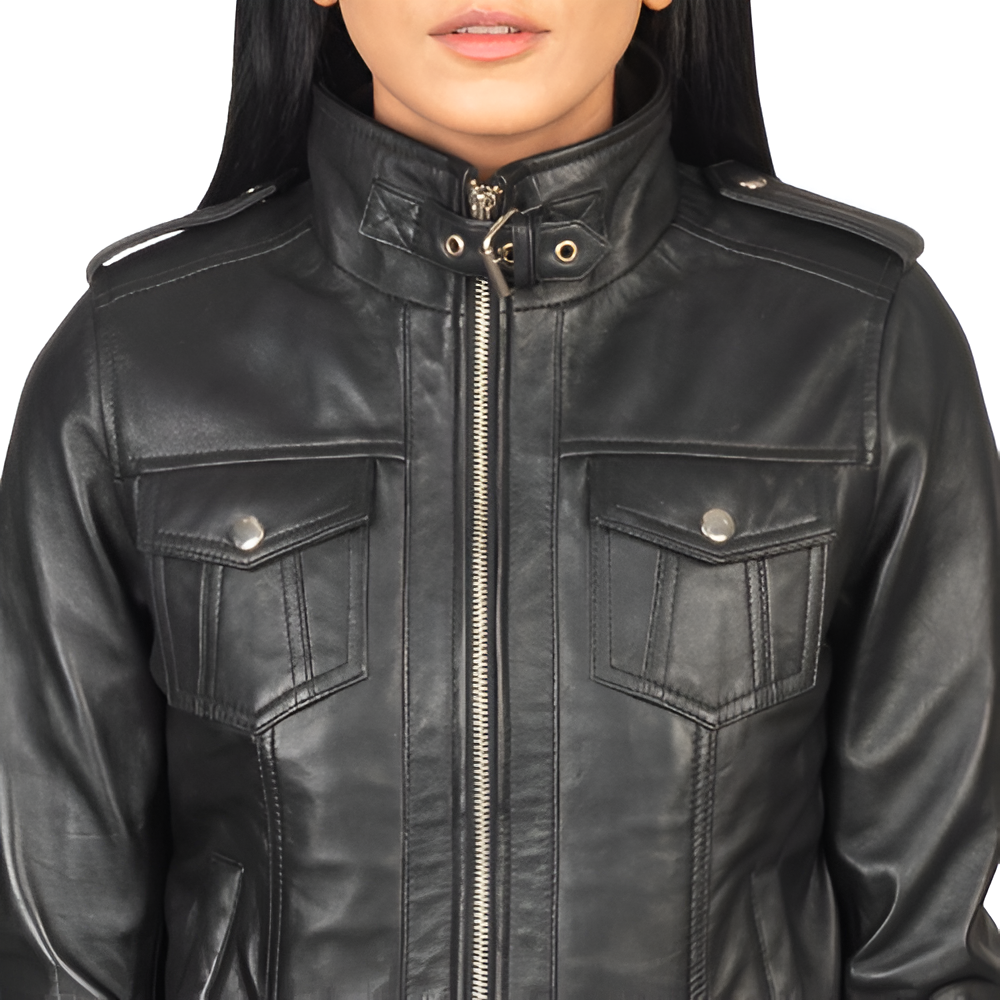 Women's Black Leather Jacket with Hood and Multiple Pockets