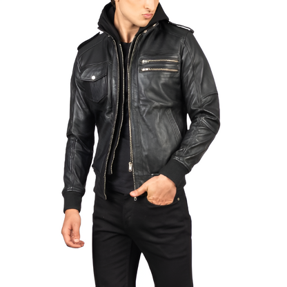 Men's Black Leather Bomber Jacket
