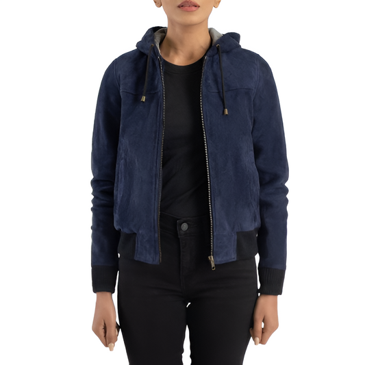 Women's Navy Blue Suede Hoodie Jacket