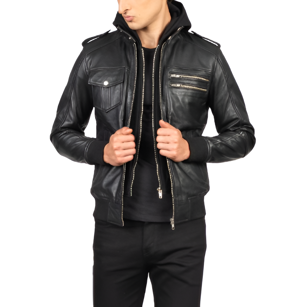 Men's Black Leather Bomber Jacket