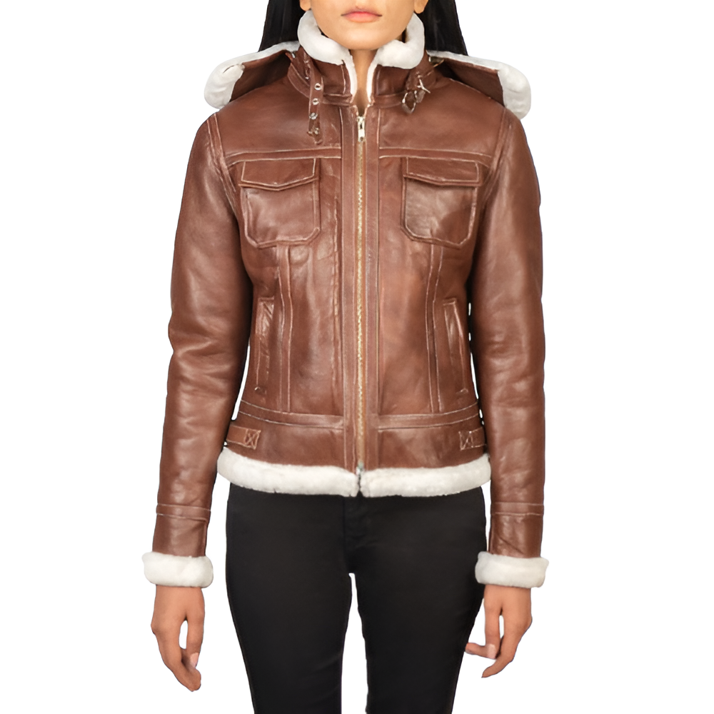 Women's Brown Shearling-Lined Leather Jacket with Detachable Hood