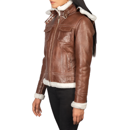 Women's Brown Shearling-Lined Leather Jacket with Detachable Hood