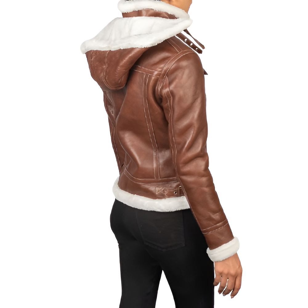 Women's Brown Shearling-Lined Leather Jacket with Detachable Hood