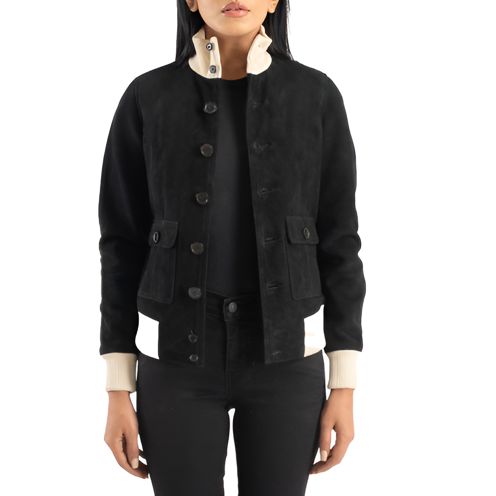 Women's Black Button-Up Suede Jacket with High Collar